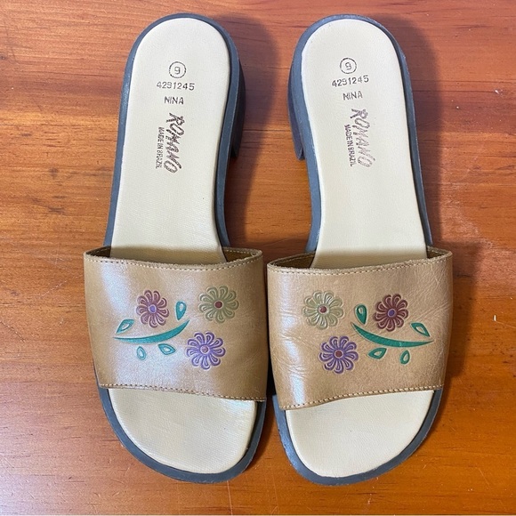 ROMANO Nina Leather Slide Tan and Green Floral Sandals Made in Brazil Women's 9 - Picture 4 of 7